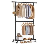 SONGMICS Portant à Vêtements, Capacité de Charge 110 kg, Porte-manteau sur Roulettes, Porte-vêtements Mobile, Tringle du Milieu Réglable, en Métal, Résistant, Style Industriel, Noir HSR62BK