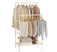 SONGMICS Portant à Vêtements Double Barre, Porte-manteau, Penderie, Organisateur, en Métal, avec Étagère de Rangement à 2 Niveaux, Charge 55 kg, Montage Facile, Blanc RDR01WT