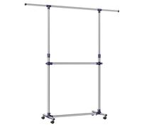 SONGMICS Portant à Vêtements Double Barre, Porte-manteau, Porte-vêtements, Hauteur Réglable de 113 à 180 cm, Barre Centrale Réglable, Argent et Bleu LLR41L