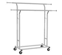 SONGMICS Portant à vêtements, Penderie métallique, Charge Max,110 kg, Double Barres Extensibles, Hauteur réglable, Mobile, avec roulettes, Mètal chromé HSR12S
