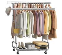 SONGMICS Portant à Vêtements, Portemanteau, sur Roulettes, 2 Tringles Extensibles, Hauteur Réglable, avec Étagère de Rangement, Crochets, Argent HSR015E01