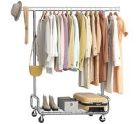 SONGMICS Portant à Vêtements, Portemanteau, sur Roulettes, Tringle Extensible, Hauteur Réglable, avec Étagère de Rangement, Crochets, Argent HSR014E01