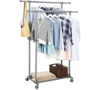 SONGMICS Portant Double Barre, Extensible Entre 87 à 150 cm, avec roulettes et Étagère de Rangement, Capacité de Charge 70 kg, Gris