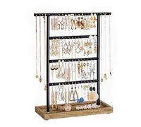 SONGMICS Porte-bijoux, Organisateur de Bijoux, Support Accessoires, avec 4 Barres et Plateau, Base en Bois, pour Boucles d’Oreilles, Style Vintage, Couleur Boisée et Blanc JJS019B01