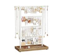 SONGMICS Porte-bijoux, Organisateur de Bijoux, Support Accessoires, avec 4 Barres et Plateau, Base en Bois, pour Boucles d’Oreilles, Style Vintage, Couleur Boisée et Blanc JJS019W01