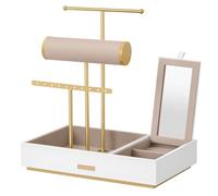 SONGMICS Porte-bijoux, Organisateur de Bijoux, Support Accessoires, en Métal et Bois, pour Colliers, Bracelets, Boucles d'oreilles, Bagues, Blanc et Doré JJS022W01