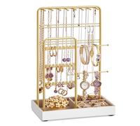 SONGMICS Porte-bijoux, Support à Bijoux, Organisateur de Bijoux, Présentoir Accessoires, en Métal, Plateau en Velours, pour Colliers, Bracelets, Boucles d’Oreilles, Bagues, Doré JJS021A01