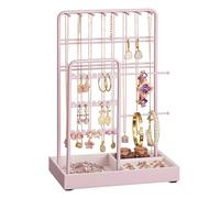 SONGMICS Porte-bijoux, Support à Bijoux, Organisateur de Bijoux, Présentoir Accessoires, en Métal, Plateau en Velours, pour Colliers, Bracelets, Boucles d’Oreilles, Bagues, Rose Bonbon JJS021R01