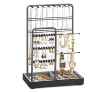 SONGMICS Porte-bijoux, Support à Bijoux, Organisateur de Bijoux, Présentoir Accessoires, en Métal, Plateau en Velours, pour Colliers, Bracelets, Boucles d’Oreilles, Bagues, Noir JJS021B01
