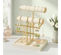 SONGMICS Porte-Bracelet, Présentoir à Bijoux, Support Bracelet, 2 Niveaux, Support pour Boucles d’Oreilles, Plateaux en Velours, Support Amovible, Blanc Crème et Doré Clair JJS046W101