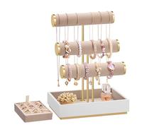 SONGMICS Porte-Bracelet, Présentoir à Bijoux, Support Bracelet, 3 Niveaux et Plateaux en Velours, Support Amovible, Blanc Nuage et Marron Camel JJS027A01