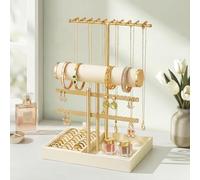 SONGMICS Porte-Bracelet, Présentoir à Bijoux, Support Bracelet, Support pour Boucles d’Oreilles, Porte-Colliers, Plateaux en Velours, Support Amovible, Blanc Crème et Doré Clair JJS047W101