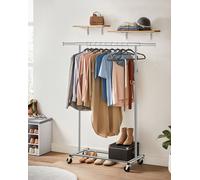 SONGMICS Portant à Vêtements avec Roulettes, Tringle Extensible pour Charge Lourde, Porte-manteau, Rangement Vêtement, Capacité de Charge 100 kg, Montage Facile, Portable, Argent HSR13S