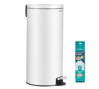 SONGMICS Poubelle 30 L, Rond, avec 15 Sacs Poubelles, Pédales en Métal, Seau Amovible en Plastique, Poignée, Couvercle à Fermeture en Douceur, en Acier, Blanc Nuage LTB031WZ02