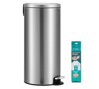 SONGMICS Poubelle 30 L, Rond, avec 15 Sacs Poubelles, Pédales en Métal, Seau Amovible en Plastique, Poignée, Couvercle à Fermeture en Douceur, en Acier Inoxydable, Argent LTB031EZ02