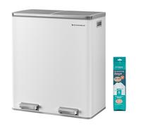 SONGMICS Poubelle à Double Compartiment 2 x 30L, avec 15 Sacs Poubelles, Pédales en Métal, 2 Seaux en Plastique, Couvercles, Poignées, Fermeture en Douceur, Hermétique, Blanc et Argent LTB60WT