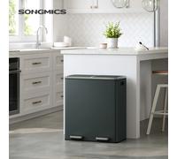 SONGMICS Poubelle à Double Compartiment 2 x 30 L, avec 15 Sacs Poubelles, Pédales en Métal, 2 Seaux Intérieurs en Plastique, Couvercles, Poignées, Fermeture en Douceur Blanc