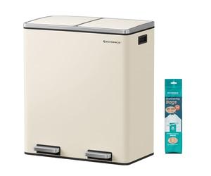 SONGMICS Poubelle à Double Compartiment 2 x 30 L, avec 15 Sacs Poubelles, Pédales en Métal, 2 Seaux Intérieurs en Plastique, Couvercles, Poignées, Fermeture en Douceur, Couleur Crème LTB060A01