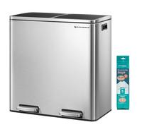 SONGMICS Poubelle à Double Compartiment 2 x 30L, avec 15 Sacs Poubelles, Pédales en Métal, 2 Seaux Intérieurs en Plastique, Couvercles, Poignées, Fermeture en Douceur, Argent et Noir LTB60NL