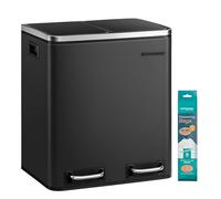 SONGMICS Poubelle Cuisine, 2 x 15 L, Poubelle Tri, avec Pédale, 2 Compartiments, 15 Sacs Poubelles, Seaux Intérieurs, Couvercles en Douceur, en Acier, Noir d'Encre LTB30BK