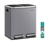 SONGMICS Poubelle Cuisine, 2 x 15 L, Poubelle Tri, avec Pédale, 2 Compartiments, 15 Sacs Poubelles, Seaux Intérieurs, Couvercles en Douceur, en Acier, Gris Ardoise LTB030G01