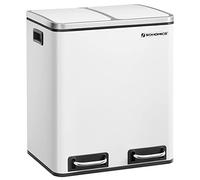 SONGMICS Poubelle Cuisine, 2 x 15L, Poubelle Tri, avec Pédale, 2 Compartiments, 15 Sacs Poubelles, Seaux Intérieurs, Couvercles en Douceur, en Acier, Blanc Nuage LTB30WT