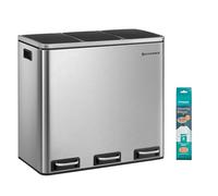 SONGMICS Poubelle Cuisine, 3 x 18L, Poubelle de Tri, 3 Compartiments, Déchets, Compost, Couvercles à Fermeture en Douceur, Pédales, Seaux Intérieurs, Acier, Argent Métallique et Noir d'Encre LTB54NL