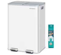 SONGMICS Poubelle de Cuisine, 2 x 30 L, 2 Compartiments, Poubelle à Pédale, Couvercle à Fermeture Douce, avec Seaux Intérieurs, Acier, 15 Sacs Poubelle Inclus, Blanc Mat LTB741W02