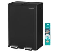 SONGMICS Poubelle de Cuisine, 2 x 30 L, 2 Compartiments, Poubelle à Pédale, Couvercle à Fermeture Douce, avec Seaux Intérieurs, Acier, 15 Sacs Poubelle Inclus, Noir d’Encre LTB741B02