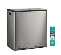 SONGMICS Poubelle de Cuisine 2 x 30 L, Corbeille de Tri 2 Compartiments, avec 15 Sacs Poubelle, Seaux Amovibles, avec Couvercle, Poignées, Fermeture en Douceur, en Acier Inoxydable, Argent LTB160EZ01