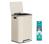 SONGMICS Poubelle de Cuisine 50 L, avec 15 Sacs Poubelle, en Acier, Seau Intérieur Amovible en Plastique, avec Couvercle, Poignées, Fermeture en Douceur, Couleur Crème LTB595A02