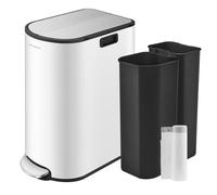 SONGMICS Poubelle de Cuisine Double, 30L et 20L, Poubelle Mince 2 Compartiments pour Tri et Recyclage des Déchets, avec Pédale et Couvercles Ailles, Blanc Nuage et Argent Métallique LTB570W02