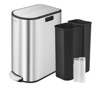 SONGMICS Poubelle de Cuisine Double, 30L et 20L, Poubelle Mince 2 Compartiments pour Tri et Recyclage des Déchets, avec Pédale et Couvercles Ailes, Argent Métallique LTB570E50