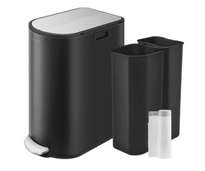 SONGMICS Poubelle de Cuisine Double, 30L et 20L, Poubelle Mince 2 Compartiments pour Tri et Recyclage des Déchets, avec Pédale et Couvercles Ailes, Noir d'Encre et Argent Métallique LTB570B02