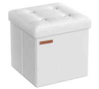SONGMICS Pouf de 38 cm, Banc de Rangement Pliable avec Couvercle, Repose-Pieds Cube, Surface en PU, Capacité de Charge de 300 kg, pour Entrée, Salon, Chambre à Coucher, Blanc Nuage LSF030W11