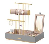 SONGMICS Présentoir à bijoux en métal avec miroir, support pour boucles d'oreilles, bracelets, colliers, pour bagues, idée cadeau, gris tourterelle et doré JJS022G01