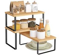 SONGMICS Rangements pour Placards de Cuisine, Lot de 3, Étagères pour Comptoir, Empilables, Étagères à Épices Extensibles, Métal et Bois d'Ingénierie, Noir d'Encre et Beige Naturel KCS014YL03