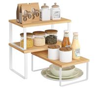 SONGMICS Rangements pour Placards de Cuisine, Lot de 3, Étagères pour Comptoir, Empilables, Étagères à Épices Extensibles, Métal et Bois d'Ingénierie, Blanc Nuage et Beige Naturel KCS014YL02