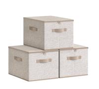 SONGMICS Sac de Rangement, Lot de 3, avec Couvercle, Boîte de Rangement, Pliable, avec Poignées, pour Jouets, Vêtements, Beige Sable RZB003K01