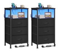 SONGMICS Table de Chevet Lot de 2, avec Multiprise, Table d'Appoint avec Éclairage LED Réglable, Style Moderne, 1 Étagère Ouverte et 3 Tiroirs, Noir d'encre, BELLAH Collection LGS203B102