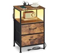 SONGMICS Table de Chevet, Table d'Appoint avec Station de Charge et Lumières LED, 2 Tiroirs en Tissu, 39,6 x 30 x 60,4 cm, Marron Rustique, pour Chambre, Salon, Collection Bellah LGS302KD01