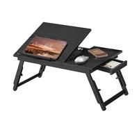 SONGMICS Table de Lit, pour Ordinateur Portable Jusqu’à 15,6 Pouces, Angle et Hauteur Réglables, Pliable, avec Tiroir, pour Travailler, Lire, Petit-Déjeuner, Pieds en Bambou, Noir Boisé LLD105BE01