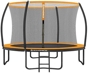 SONGMICS Trampoline Extérieur Enfant Diamètre 366 cm, Filet de Protection, Poteau Incurvé de 180 cm de Haut, Coussins de Sécurité, Échelle, Cadre en Acier, Noir et Orange STR122O01