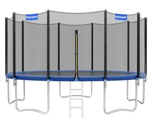 SONGMICS Trampoline Extérieur Enfant Diamètre 427 cm, Filet de Protection Externe, Coussins de Sécurité, Échelle, Poteau Droit de 180 cm de Haut, Cadre en Acier, Bleu STR144