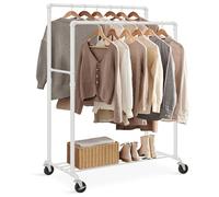 SONGMICS Tringle à vêtements avec 2 tringles et étagère, roulettes, Charge maximale 110 kg, Design Industriel, pour Chambre à Coucher, Dressing, Blanc HSR060W01