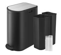 SONGMICS ULTB570B50 Poubelle de cuisine double de 40 litres, compartiments de 14 et 22 litres, poubelle avec couvercles à ailettes, en acier inoxydable, fermeture amortie, seaux intérieurs, noir encre
