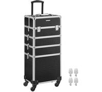 SONGMICS Valise de Maquillage Professionnel 4-en-1, Mallette Cosmétique avec Couverture, Verrouillable, Roulettes à 360°, Noir