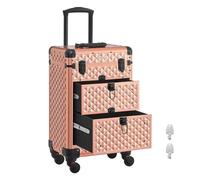 SONGMICS Valise de Maquillage Professionnel, Mallette Cosmétique, avec 2 Tiroirs, Grand, 34 x 24 x 56 cm, Roulette Pivotante à 360°, Voyage, Manucure, Maquilleur, Coiffure, Doré Champagne JHZ008A01