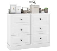 Songvas Commode Blanche 6 Tiroirs | Meuble de Rangement Multispace | Anti-Basculement Double + Socle Élevé | MDF Écologique 108x40x87cm