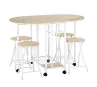 Songvas Table a Manger avec 4 Tabouret Pliant, Table Pliante Cuisine avec Roulette, pour Les Petits Espaces, Porte-Bouteilles Métallique et Étagères de Rangement, Style Industriel(Bois et Blanc)